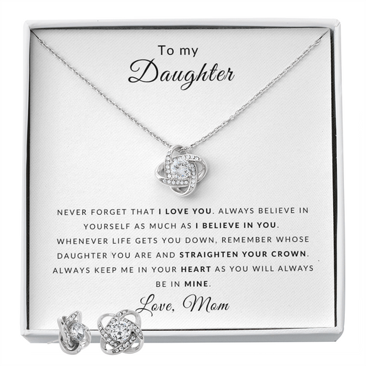 To My Daughter Love Knot Earring & Necklace Set- Crown